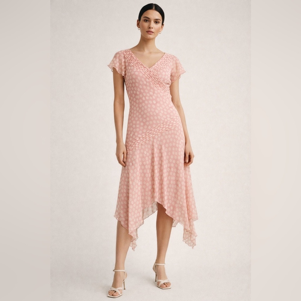 Vintage 90s/Y2K pink and cream polka dot 100% silk midi dress asymmetric hem. 2P - Picture 1 of 6